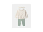 Ensemble bébé fille comprenant un sweat-shirt écru, un legging vert et un bandeau.