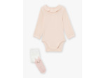 Ensemble body, barboteuse et collants écru et rose