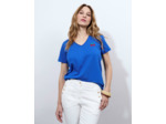 T-Shirt manches coude 100% coton uni décoré BLEU Femme