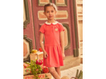 Robe mi-plissée rouge corail avec patch floral Fille