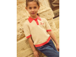 Polo écru à broderie floral avec col et manches festonnés rouge corail Fille