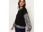 Top manches longues bi-matière uni décoré NOIR Femme