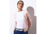 Gilet manches 3/4 en dentelle uni ROSE PALE Femme