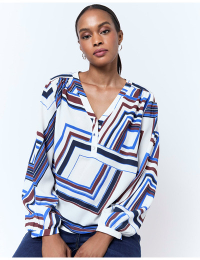 Blouse manches longues imprimé graphique BLANC Femme