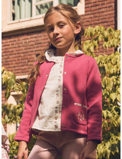 Cardigan rose framboise avec poches fleuries Fille