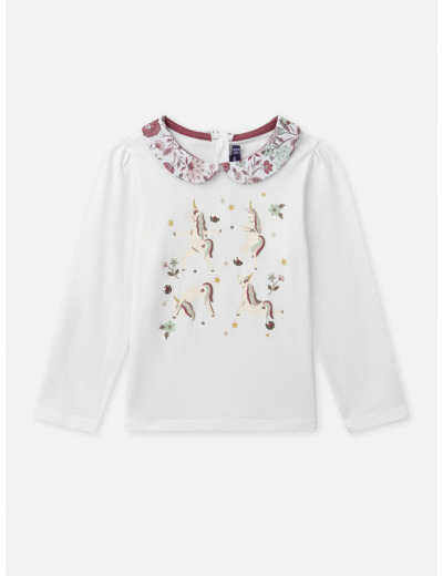 T-shirt blanc imprimé licorne à col claudine fleuri et manches longues Fille