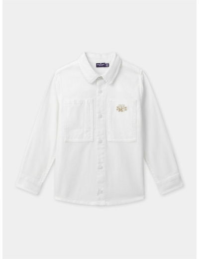Chemise blanche à broderie marron "SGMJ" et manches longues Garçon
