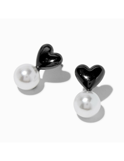 Clous d'oreilles perle d'imitation cœur noirs