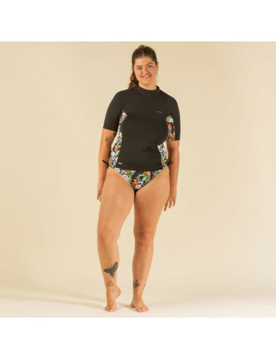Tee shirt anti UV surf top 500 manches courtes femme noir et floral PARROT