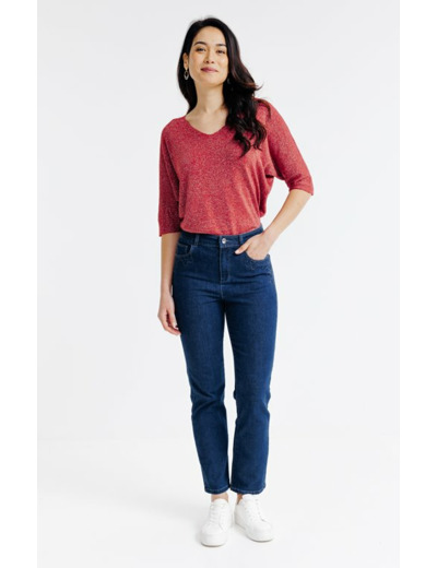 Pantacourt denim, détail strass fleur