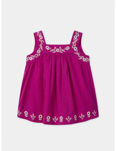 Robe et bloomer rose fuschia à broderies fleuries à bretelles Bébé Fille