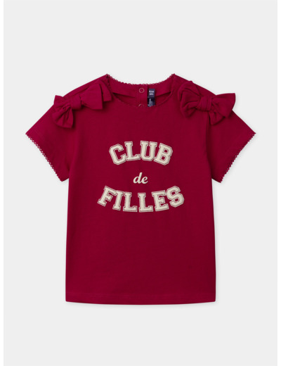 T-shirt rouge imprimé noeud à manches courtes en bordures festonnées Fille