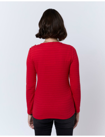 T-Shirt manches longues en mélange coton uni ROUGE Femme