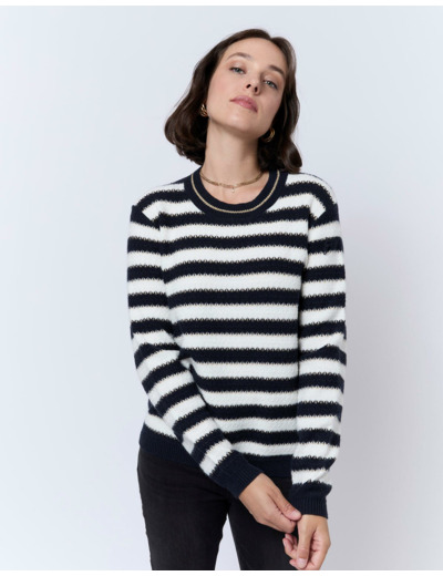 Pull épais en mélange laine rayé MARINE Femme