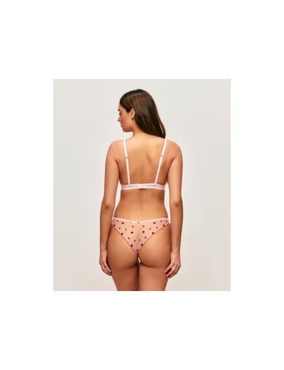 Tanga en microfibre et mesh avec cœurs et coccinelles brodés
