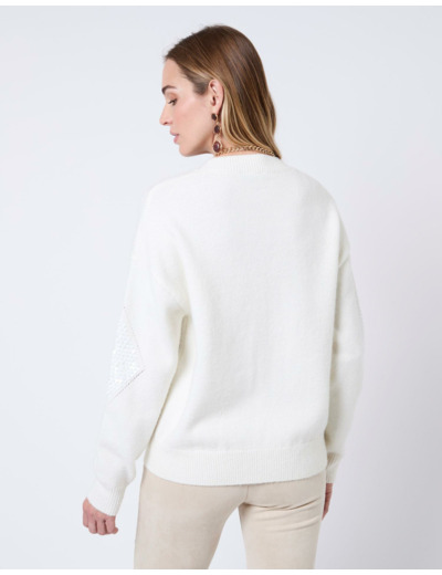 Pull épais en mélange laine uni décoré ECRU Femme