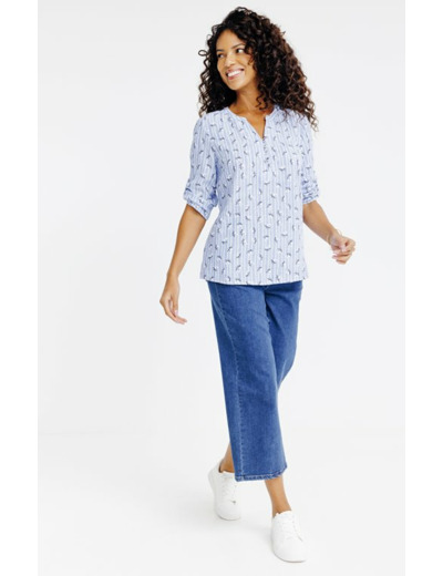 Tunique col mao rayée avec petite fleur