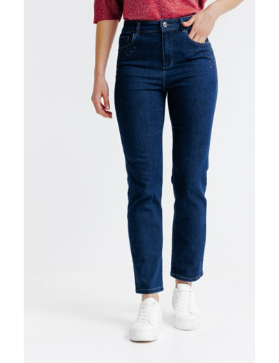 Pantacourt denim, détail strass fleur