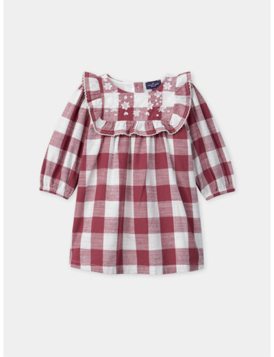Rose à carreaux blanc et rose foncé à bustier volants avec broderies fleurs Bébé Fille