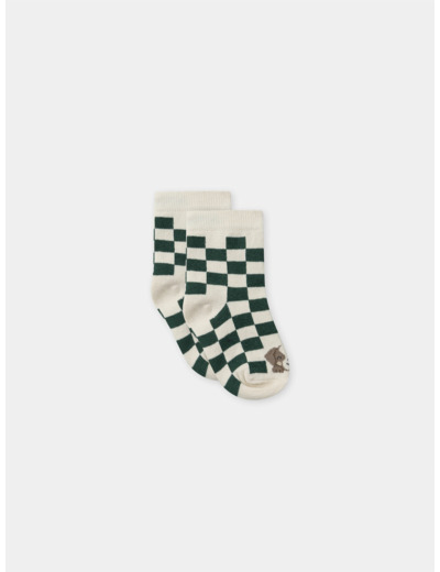 Chaussettes à damier vert et écru avec tête de chien Bébé Garçon