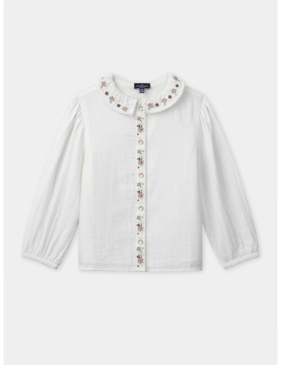 Blouse blanche à col brodés de fleurs et manches longues Fille