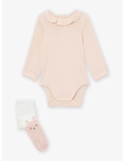 Ensemble body, barboteuse et collants écru et rose