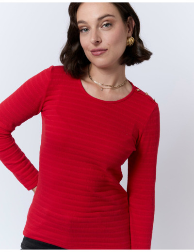 T-Shirt manches longues en mélange coton uni ROUGE Femme