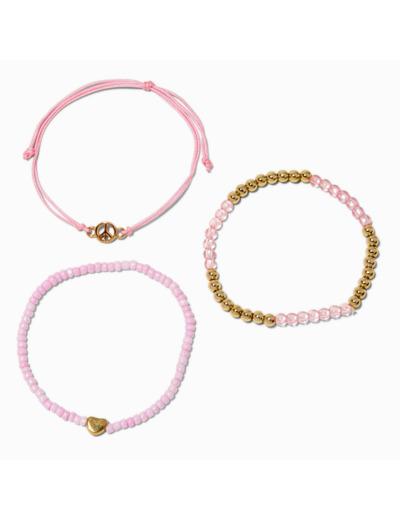 Bracelets en perles de rocaille cœur et signe de la paix - Lot de 3