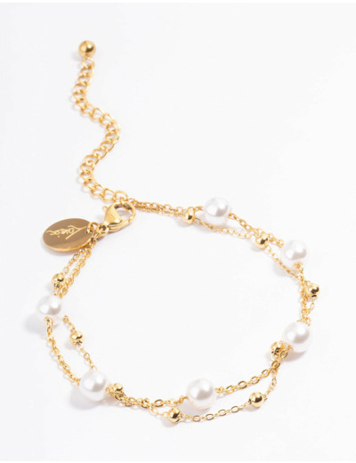 Waterproof Gold Plated Stainless Steel Double Layer Pearl Ball Bracelet