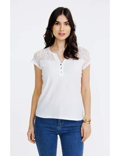 Tee-shirt uni dentelle manches courtes