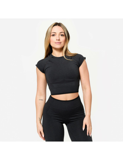 Crop top seamless de musculation femme, noir