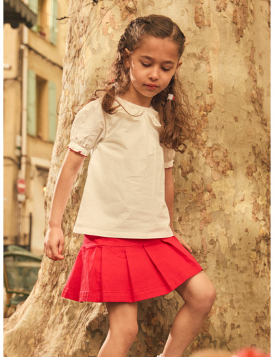 Jupe plissée rouge à poches brodées floral Fille