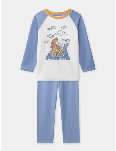 Pyjama bleu et blanc en velours imprimé tigre Garçon