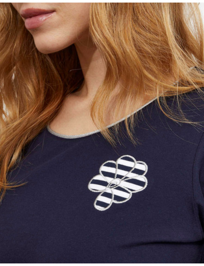 T-Shirt manches coude uni décoré MARINE Femme