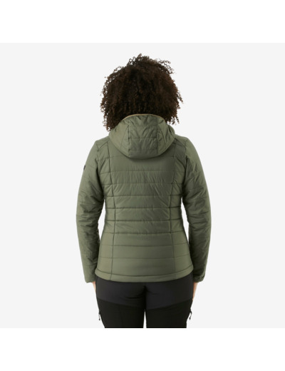 Doudoune de trek à capuche synthétique femme, MT100 khaki