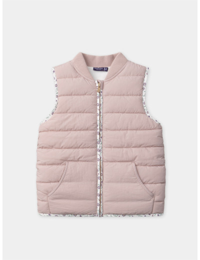 Doudoune sans manches rose pale et imprimé fleuri Fille