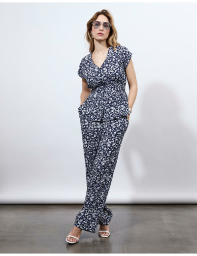 Pantalon long imprimé à fleurs MARINE Femme
