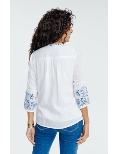 Blouse boutonnée uni avec broderie