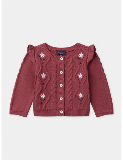 Cardigan rose framboise à broderies fleurs et volants sur les épaules Bébé Fille