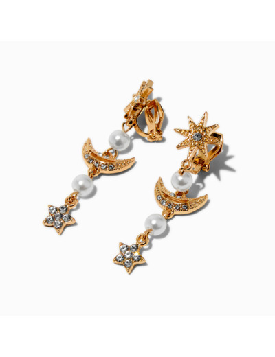 Pendantes à clip perle d'imitation et strass célestes