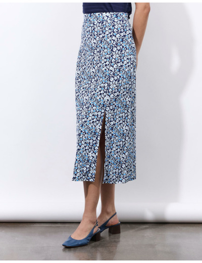 Jupe midi évasée imprimé à fleurs BLEU
