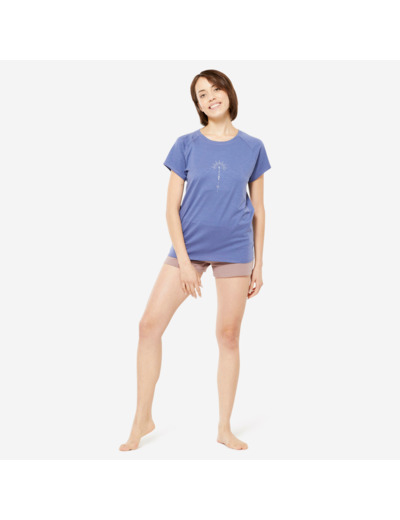 T-shirt yoga doux femme en coton, bleu