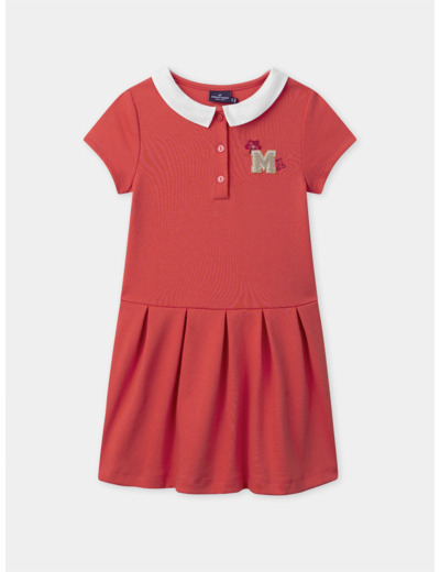 Robe mi-plissée rouge corail avec patch floral Fille