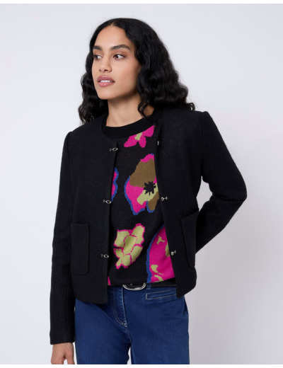 Pull épais Jacquard motif fleurs NOIR Femme