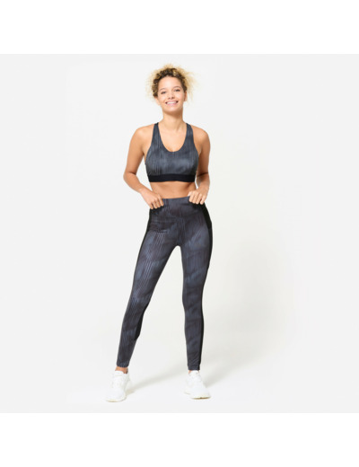 Brassière dos nageur avec coques maintien modéré Femme, Imprimé noir et gris