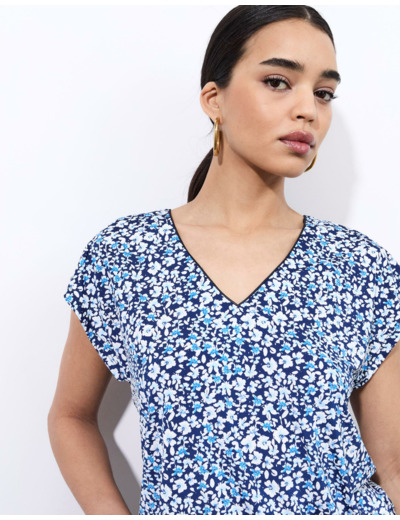 Top manches courtes imprimé à fleurs BLEU Femme