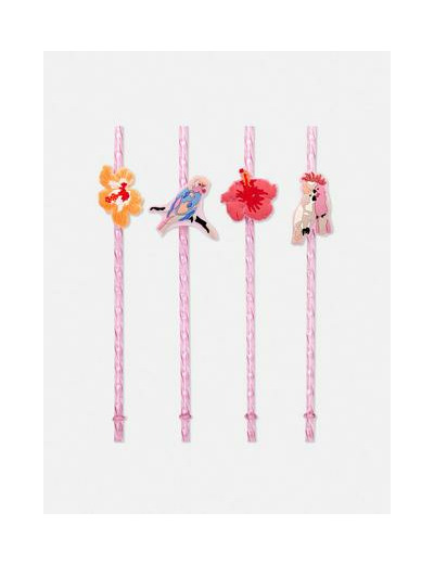 Lot de 4 pailles fantaisie avec animaux tropicaux