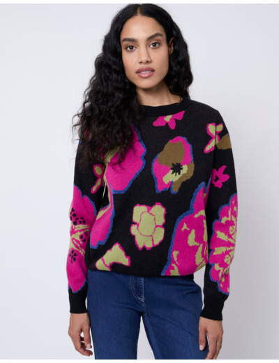 Pull épais Jacquard motif fleurs NOIR Femme