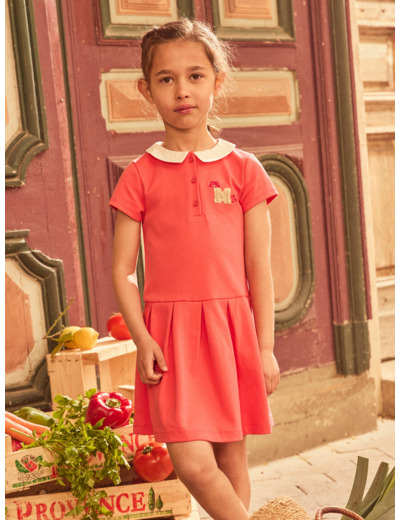 Robe mi-plissée rouge corail avec patch floral Fille