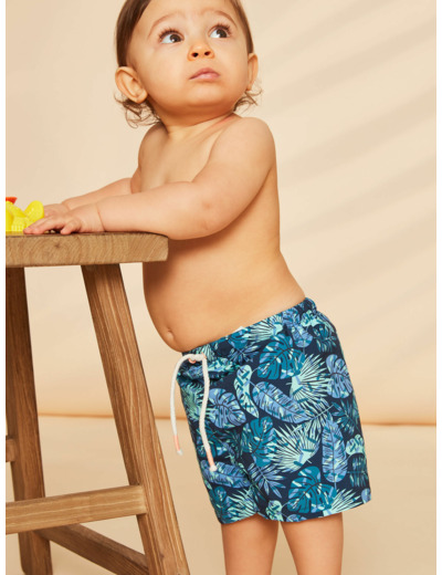 Short de bain bleu marine et vert à imprimé feuillage
